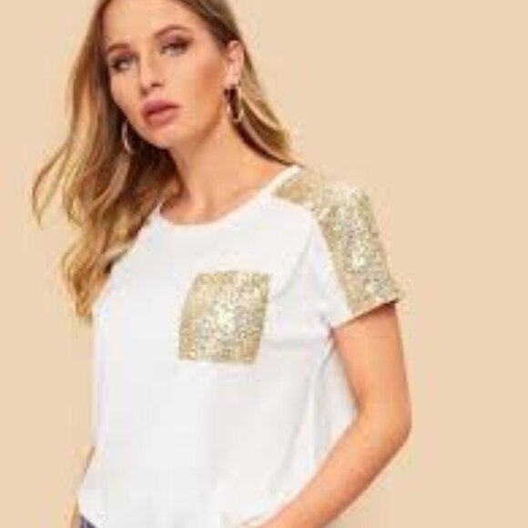 ✨✨ Women's Casual Contrast Sequins Summer T-Shirt – Size Large✨✨ - Picture 1 of 12